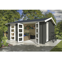 Gartenhaus mit geöffneten Doppeltüren, Rasenmäher und Regalen zur Aufbewahrung