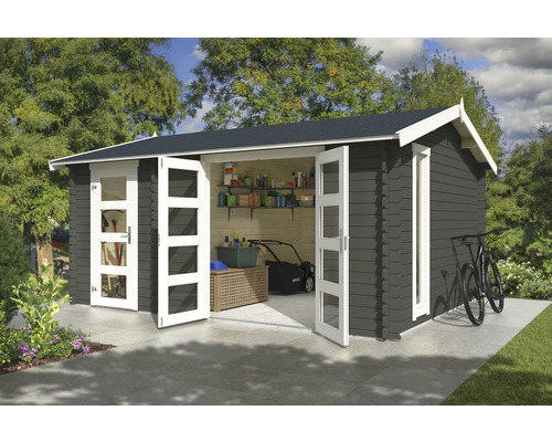 Gartenhaus Outdoor Life Carroz 2 496 x 403,4 cm graugrün Gartenhaus mit geöffneten Doppeltüren, Rasenmäher und Regalen zur Aufbewahrung