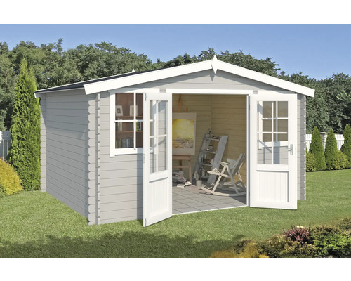 Gartenhaus Outdoor Life Dallas 410,9 x 312 cm hellgrau Gartenhaus mit Doppeltür und Fenster im Garten