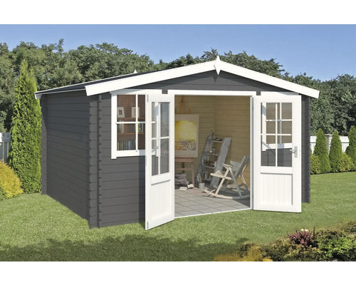 Gartenhaus Outdoor Life Dallas 410,9 x 312 cm carbongrau Garten mit grauem Gartenhaus, offenstehenden Türen, Fenster und Einrichtung
