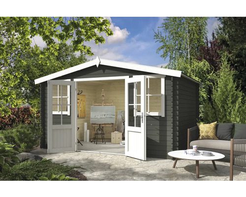 Gartenhaus Outdoor Life Dallas 410,9 x 312 cm graugrün Gartenhaus mit geöffneten Doppeltüren, Fenster und Malatelier