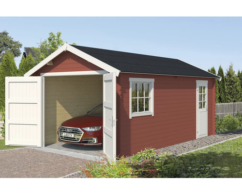 Einzelgarage Outdoor Life Dillon mit Holztor 339,9 x 580 cm schwedischrot Garage aus Holz mit Fenster und Seitentür sowie einem darin geparkten Auto
