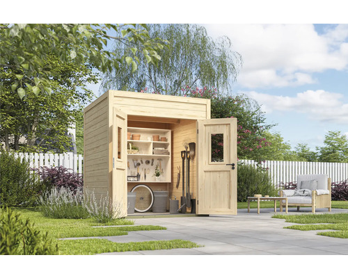 Abri de jardin Outdoor Life Felix 1 200 x 207,4 cm nature Scène de jardin avec abri de jardin en bois ouvert pour ranger outils et accessoires de jardin