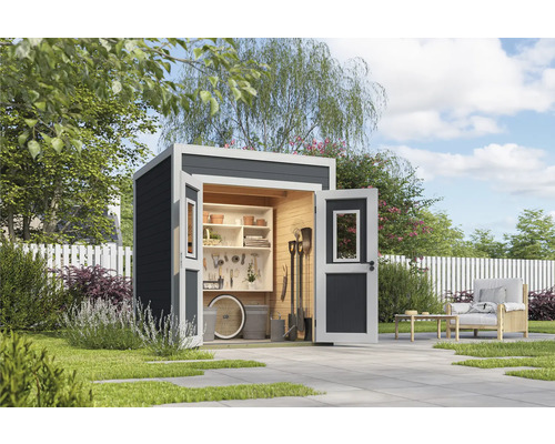 Gartenhaus Outdoor Life Felix 1 200 x 207,4 cm graugrün Gartenszene mit offenem Gerätehaus, Gartenmöbeln und Gartengeräten