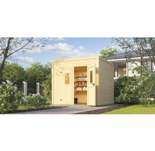 Abri de jardin en bois avec portes ouvertes et étagères de rangement