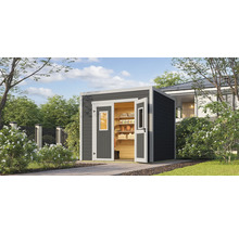 Gartenhaus mit geöffneten Türen und Regalen