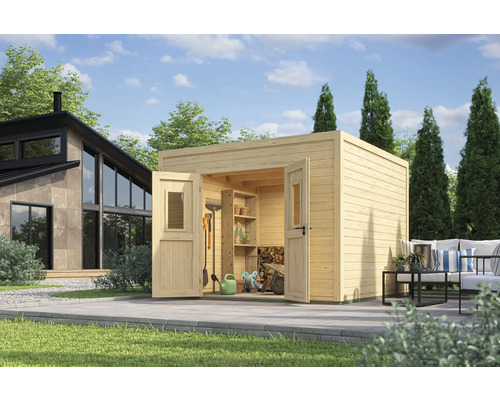 Gartenhaus Outdoor Life Felix 3 300 x 304,6 cm natur Modernes Gartenhaus aus Holz mit geöffneten Doppeltüren und Regal im Innenraum