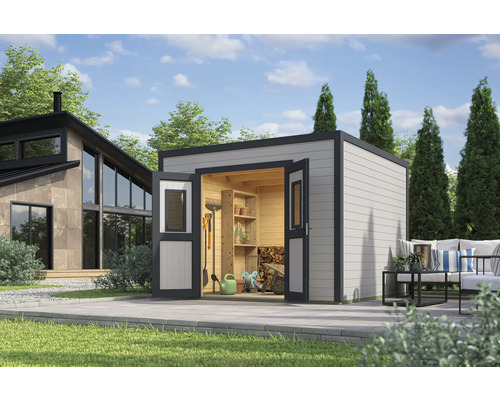 Gartenhaus Outdoor Life Felix 3 300 x 304,6 cm hellgrau Gartenhaus mit geöffneten Doppeltüren, Regalen und Gartengeräten