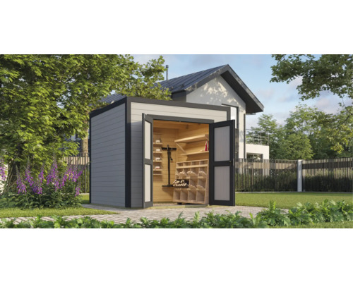 Gartenhaus Outdoor Life Fynn 1,5 250 x 207,4 cm hellgrau Gartenhaus mit geöffneten Türen und Regalen zur Aufbewahrung