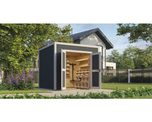 Gartenhaus Outdoor Life Fynn 2 250 x 257,5 cm carbongrau Gartenhaus aus Holz mit Regalen und geöffneten Türen