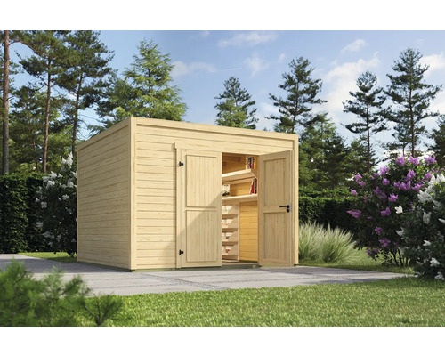 Gartenhaus Outdoor Life Fynn 3 300 x 304,6 cm natur Holzgartenhaus mit Regalen und geöffneten Türen im Garten
