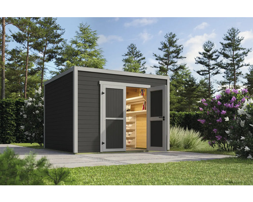 Gartenhaus Outdoor Life Fynn 3 300 x 304,6 cm carbongrau Gartenhaus mit geöffneten Doppeltüren und Regalen im Innenraum