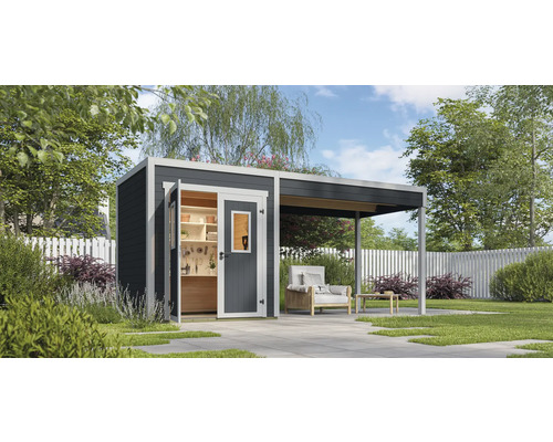 Abri de jardin avec étagères et auvent dans le jardin