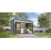 Abri de jardin avec porte ouverte et véranda attenante dans le jardin