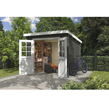 Abri de jardin avec portes doubles ouvertes, étagères et outils de jardin à l''intérieur, ainsi qu''un vélo sur le côté