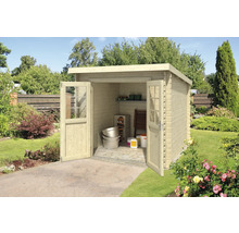 Abri de jardin avec portes doubles ouvertes dans le jardin