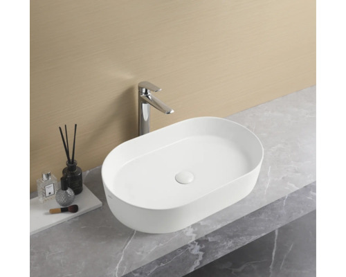 Ovales Aufsatzwaschbecken mit Armatur auf einer Arbeitsplatte im Badezimmer.