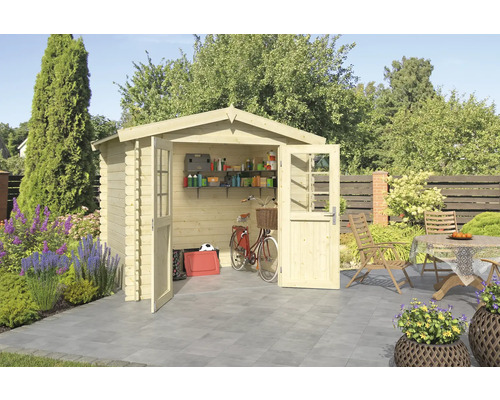 Abri de jardin Outdoor Life Ingo 262,1 x 195 cm nature Abri de jardin ouvert en bois avec étagères, vélo et outils de jardin dans un jardin
