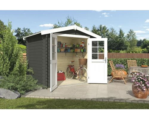 Abri de jardin Outdoor Life Ingo 262,1 x 195 cm vert gris Abri de jardin en bois avec portes ouvertes et vélos à l''intérieur