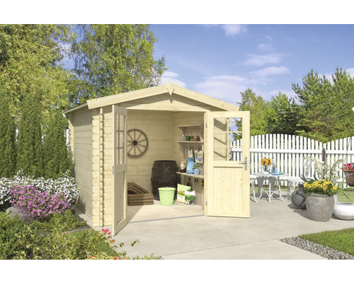 Abri de jardin Outdoor Life Ingo 262,1 x 250 cm nature Abri de jardin avec portes doubles ouvertes et décoration de jardin