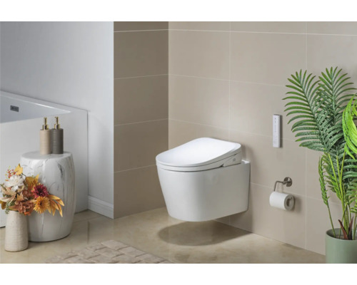 Badezimmer mit wandhängendem Dusch-WC, Fernbedienung, Toilettenpapierhalter, Dekoration und Badteppich