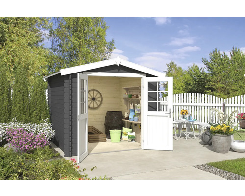 Gartenhaus Outdoor Life Ingo 262,1 x 250 cm carbongrau Gartenhaus mit geöffneten Doppeltüren, Innenraum mit Regalen und Dekoration, Gartenmöbel im Außenbereich