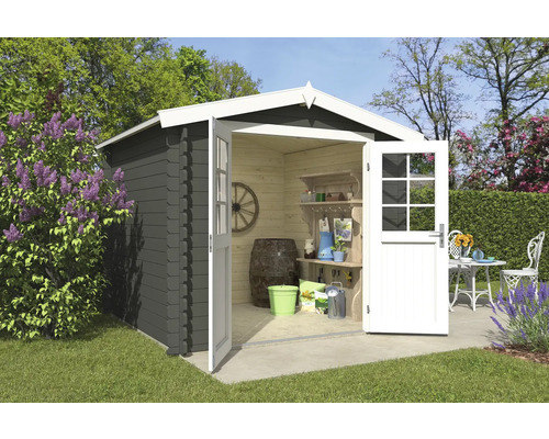 Abri de jardin Outdoor Life Ingo 262,1 x 250 cm vert gris Abri de jardin avec portes doubles ouvertes et outils de jardin à l''intérieur