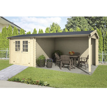 Gartenhaus mit überdachter Terrasse und Gartenmöbeln auf Rasenfläche