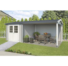 Gartenhaus mit überdachter Terrasse und Gartenmöbeln im Aussenbereich