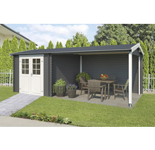 Gartenhaus mit überdachter Terrasse und Sitzgruppe im Garten