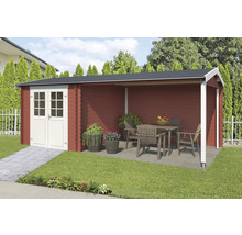 Holzgartenhaus mit überdachter Terrasse und Gartenmöbeln im Aussenbereich