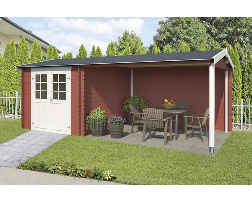 Gartenhaus Outdoor Life Ivana inkl. Anbaudach mit Rückwand 590 x 312,6 cm schwedischrot Holzgartenhaus mit überdachter Terrasse und Gartenmöbeln im Aussenbereich