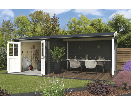 Gartenhaus Outdoor Life Ivana inkl. Anbaudach mit Rückwand 590 x 312,6 cm graugrün Holzgartenhaus mit offenem Lagerraum, Terrasse und Gartengeräten im Inneren