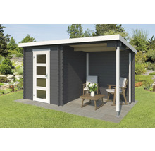 Gartenhaus mit Überdachung, Gartenmöbeln und Tür mit Glaseinsätzen