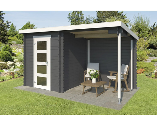 Gartenhaus Outdoor Life Jelle Plus inkl. Anbau 390 x 213,1 cm carbongrau Gartenhaus mit Überdachung, Gartenmöbeln und Tür mit Glaseinsätzen