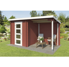 Holzgartenhaus mit Veranda und Terrassenmöbeln auf Rasen