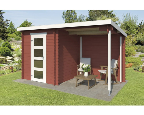 Gartenhaus Outdoor Life Jelle Plus inkl. Anbau 390 x 213,1 cm schwedischrot Holzgartenhaus mit Veranda und Terrassenmöbeln auf Rasen