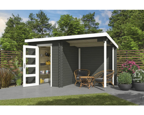 Gartenhaus Outdoor Life Jelle Plus inkl. Anbau 390 x 213,1 cm graugrün Gartenhaus mit geöffneter Tür und Sitzbereich