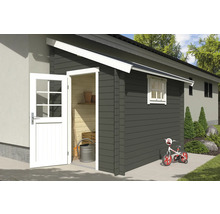 Gartenhaus mit geöffneter Tür, Fenster und Kinderrad