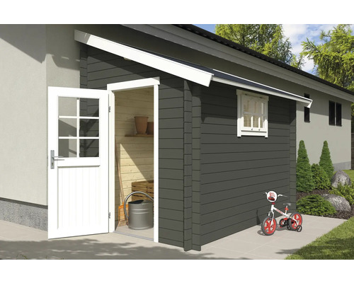 Gartenhaus Outdoor Life Jura 214,6 x 295 cm graugrün Gartenhaus mit geöffneter Tür, Fenster und Kinderrad