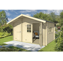 Holzgartenhaus mit Doppeltür und Fenster im Garten