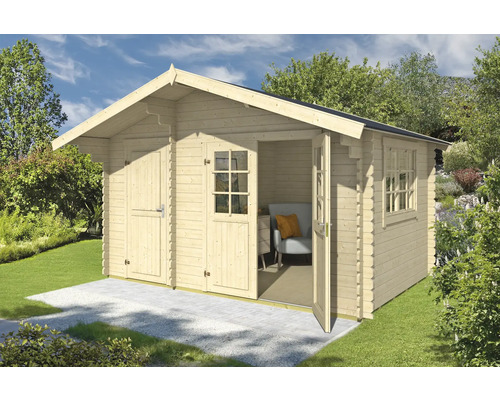 Abri de jardin Outdoor Life Keila avec plancher 426,6 x 340 cm nature Abri de jardin en bois avec double porte et fenêtres dans le jardin