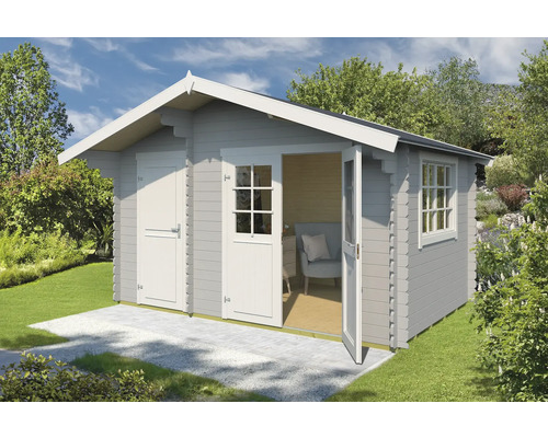 Gartenhaus Outdoor Life Keila inkl. Fußboden 426,6 x 340 cm hellgrau Gartenhaus mit Doppeltür und Einzeltür im Garten
