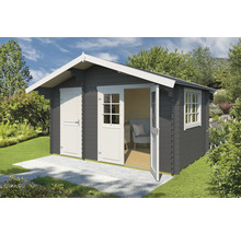 Graues Gartenhaus mit weißem Dach, Tür und Fenster in einem grünen Garten