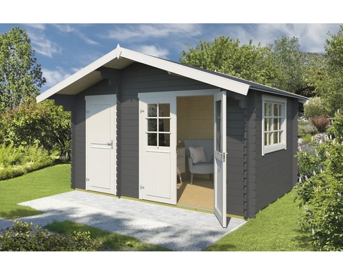 Gartenhaus Outdoor Life Keila inkl. Fußboden 426,6 x 340 cm carbongrau Graues Gartenhaus mit weißem Dach, Tür und Fenster in einem grünen Garten