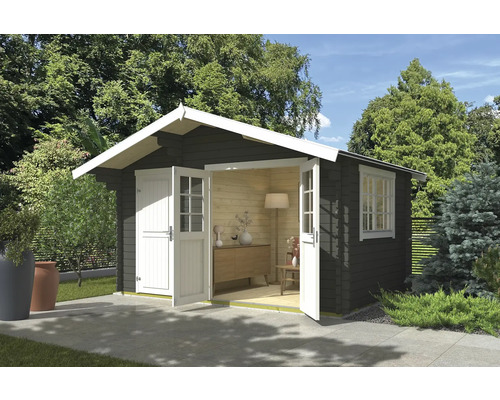 Gartenhaus Outdoor Life Keila inkl. Fußboden 426,6 x 340 cm graugrün Gartenhaus mit Doppeltür und Fenster im Garten