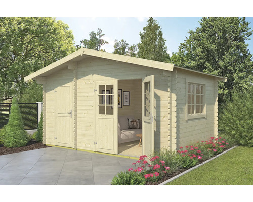 Abri de jardin Outdoor Life Keila avec plancher 475,9 x 350 cm nature Abri de jardin en bois avec double porte, porte simple et fenêtre