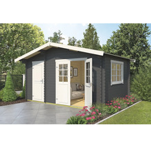 Abri de jardin gris avec double porte et fenêtre