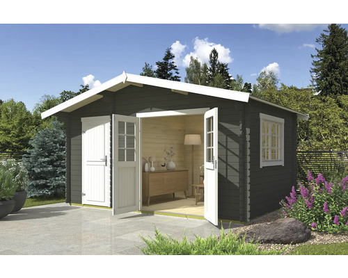 Gartenhaus Outdoor Life Keila inkl. Fußboden 475,9 x 350 cm graugrün Gartenhaus mit Doppeltür und Fenster