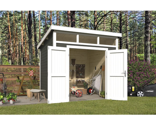 Gartenhaus Outdoor Life Kibo 3 270 x 274,1 cm graugrün Gartenhaus mit geöffneten Doppeltüren, Gartengeräten und Rasenmäher im Garten